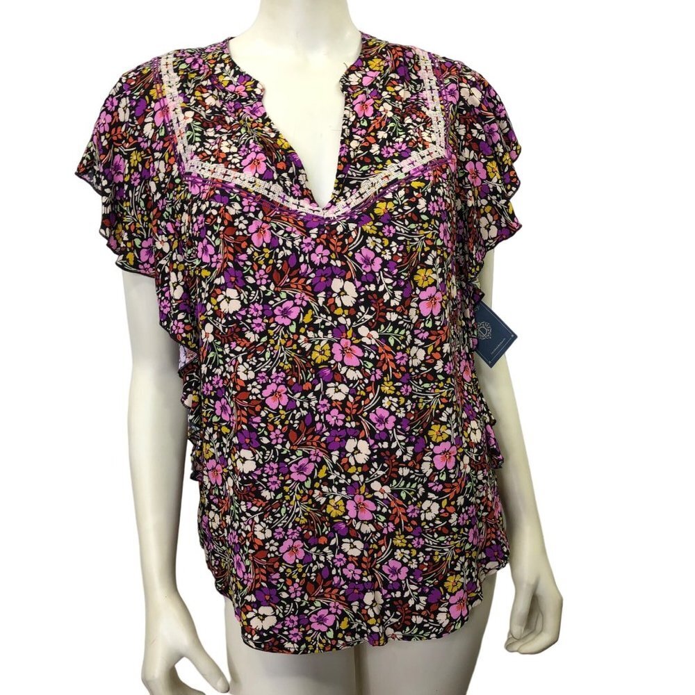 DEMOCRACY $78 BUTTERFLY SLEEVE‎ FLORAL PRINT V NECK TOP MD NWT - Picture 2 of 7
